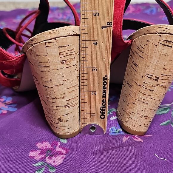 NEW Nicole Miller Artelier 8.5 Tate Red Lace Up Suede Strappy Heels Cork - Picture 5 of 10